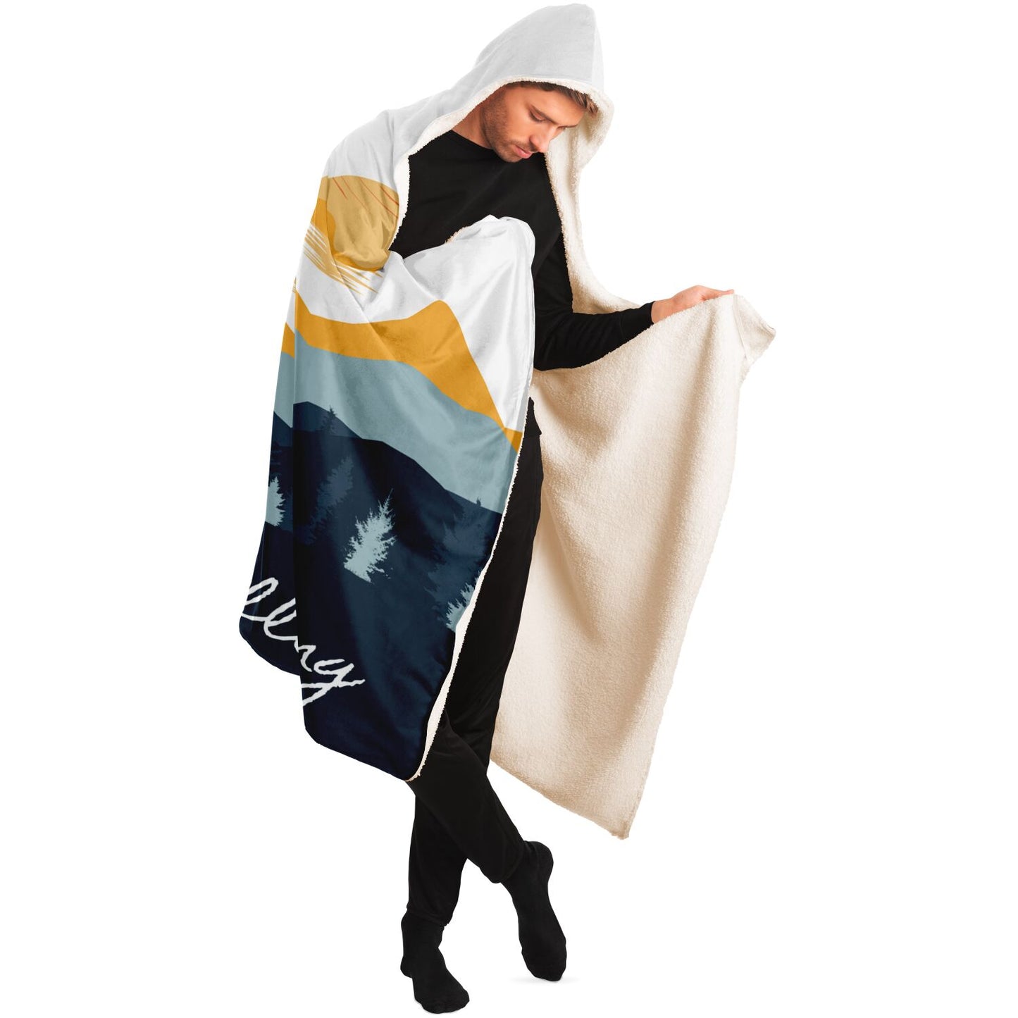 The Mountains Are Calling Hooded Blanket- Blue & White Blanket
