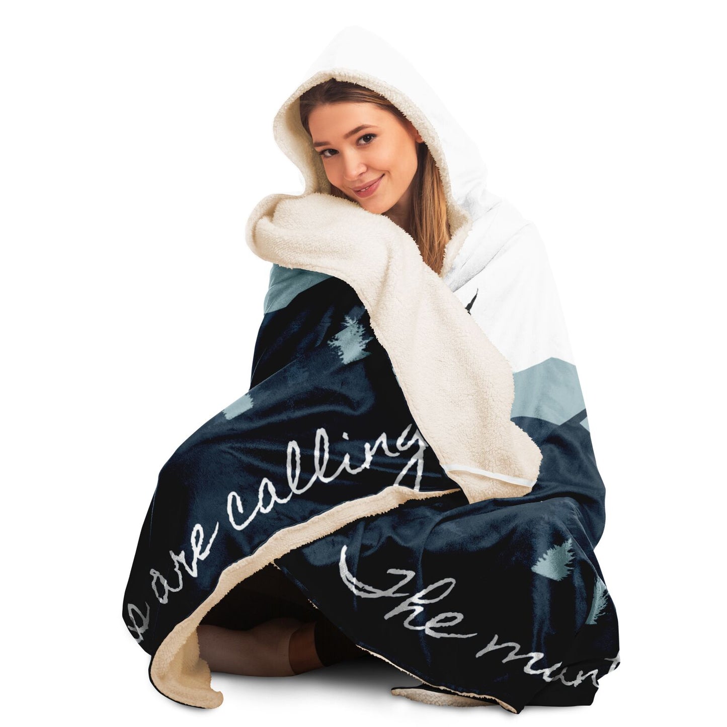 The Mountains Are Calling Hooded Blanket- Blue & White Blanket