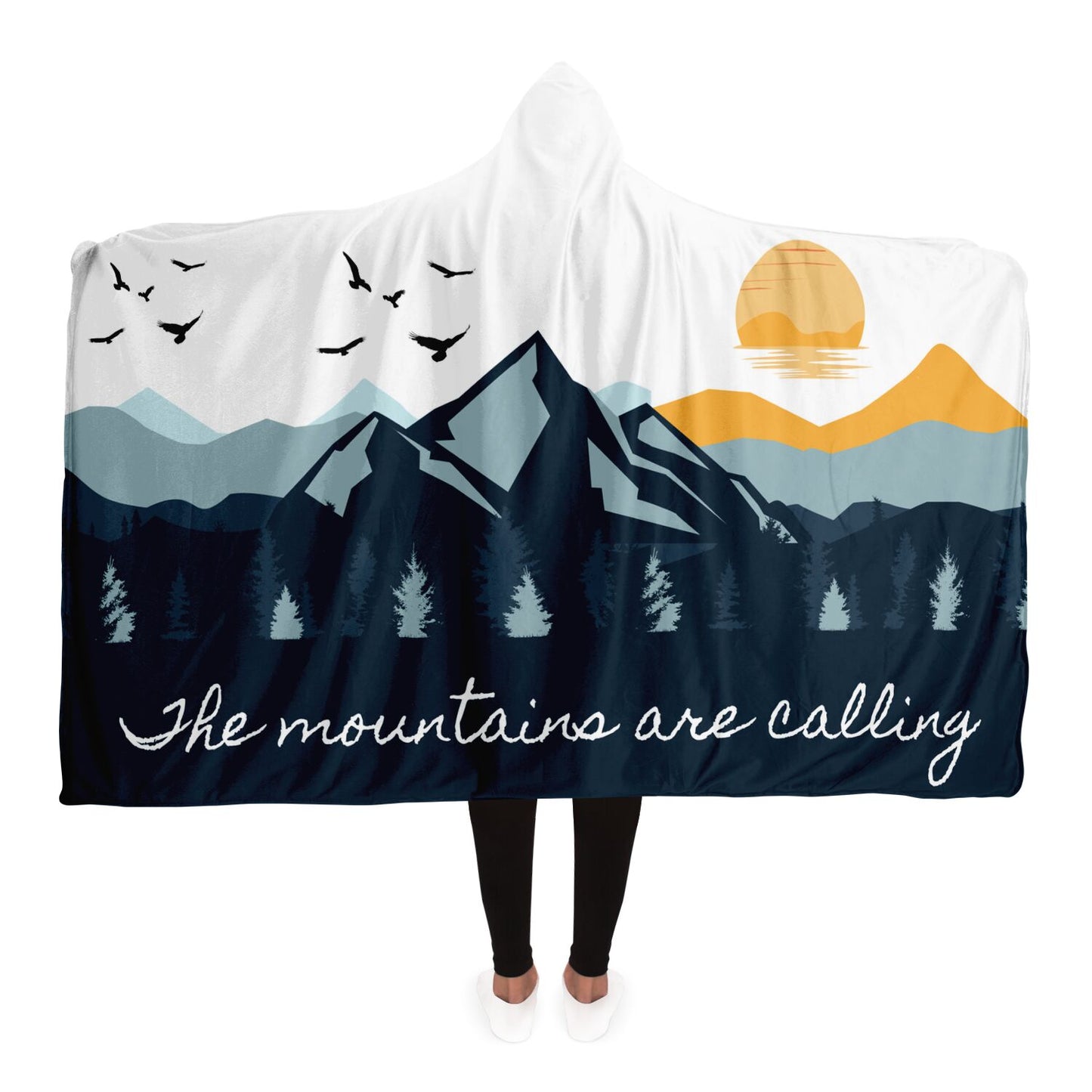 The Mountains Are Calling Hooded Blanket- Blue & White Blanket